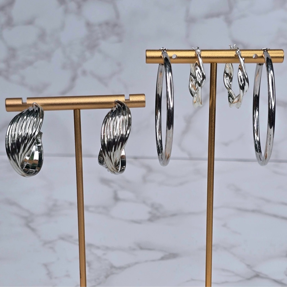 Sterling Silver Hoop Earring Set 3 Pairs Twisted Shrimp Polished 925 19.6g - Picture 2 of 14